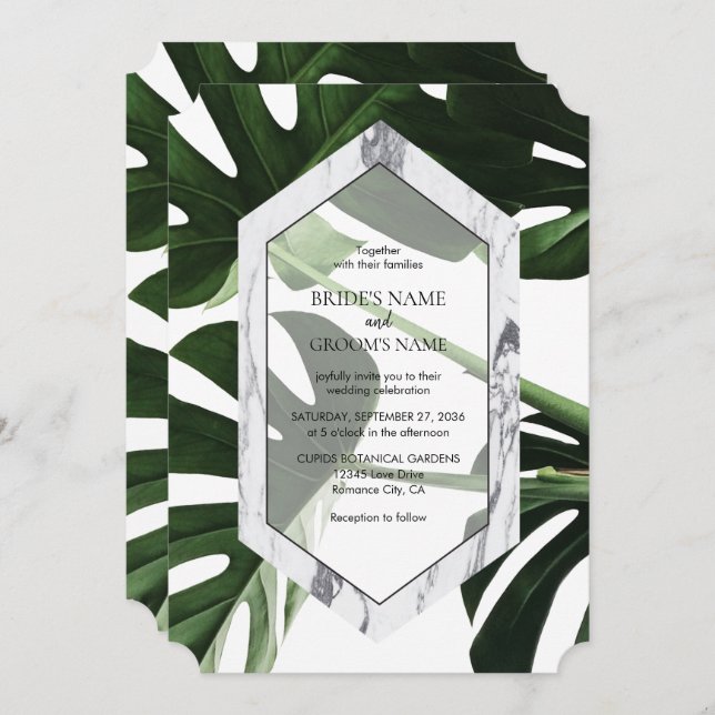 Invitaciones a la Boda de Mármol de Monstera Tropi (Anverso / Reverso)