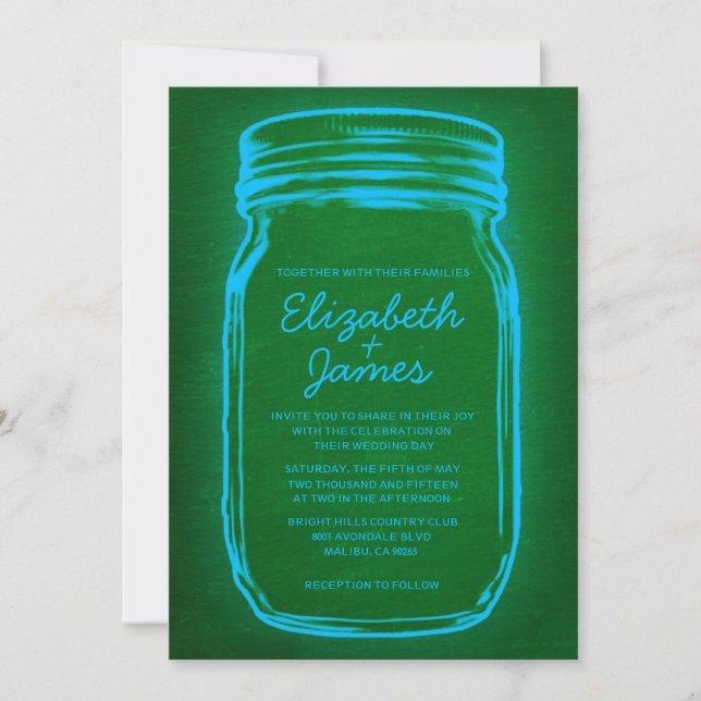 Invitaciones a la boda de masón azul y verde (Anverso)