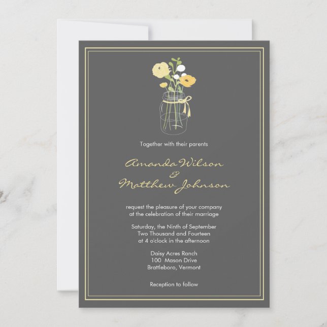 Invitaciones a la boda de masón gris y amarillo (Anverso)