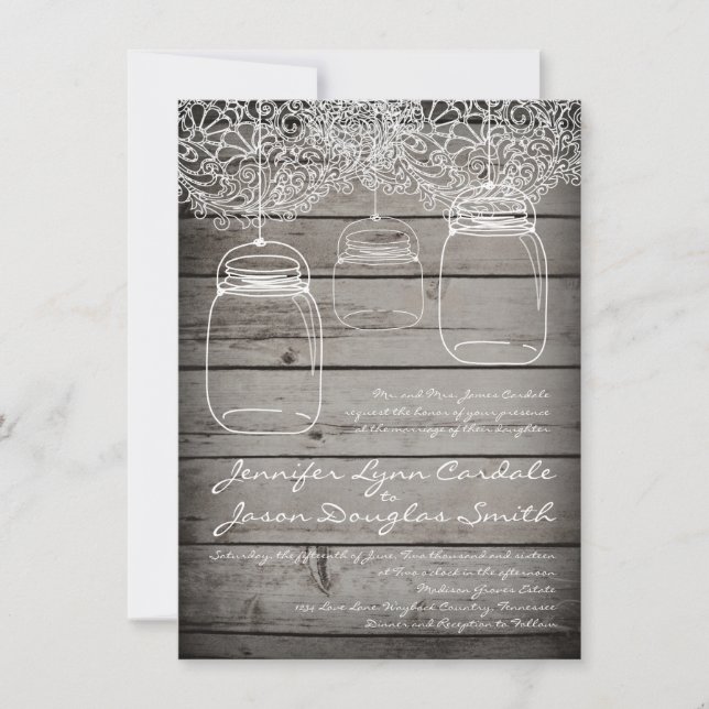 Invitaciones a la boda de Mason Jar Lace Barn Wood (Anverso)