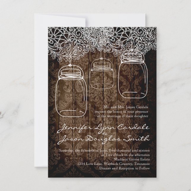 Invitaciones a la boda de Mason Jar Lace Barn Wood (Anverso)