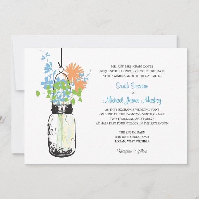 Invitaciones a la boda de Mason Jar y Wildflowers (Anverso)
