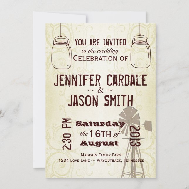 Invitaciones a la boda de Mason Jars Windmill Coun (Anverso)