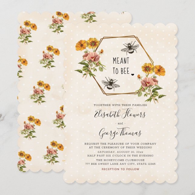Invitaciones a la boda de miel de abeja floral (Anverso / Reverso)