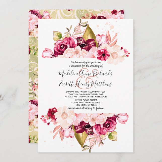 Invitaciones a la boda de moda con flores de borgo (Anverso / Reverso)