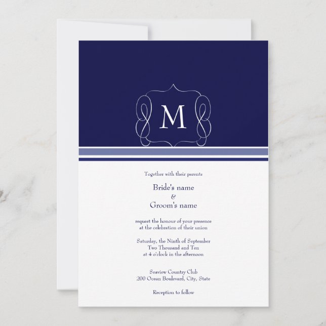 Invitaciones a la boda de monograma azul de la Mar (Anverso)