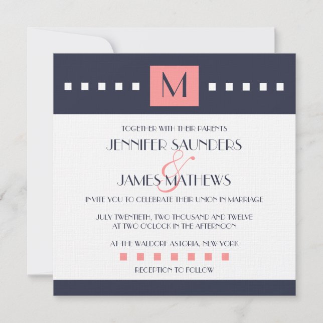Invitaciones a la boda de monograma azul de la Mar (Anverso)