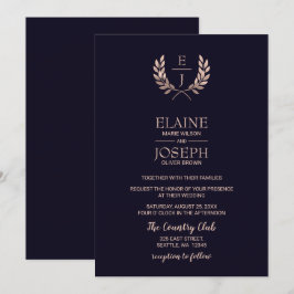 Invitaciones a la boda de monograma de Rosa de oro