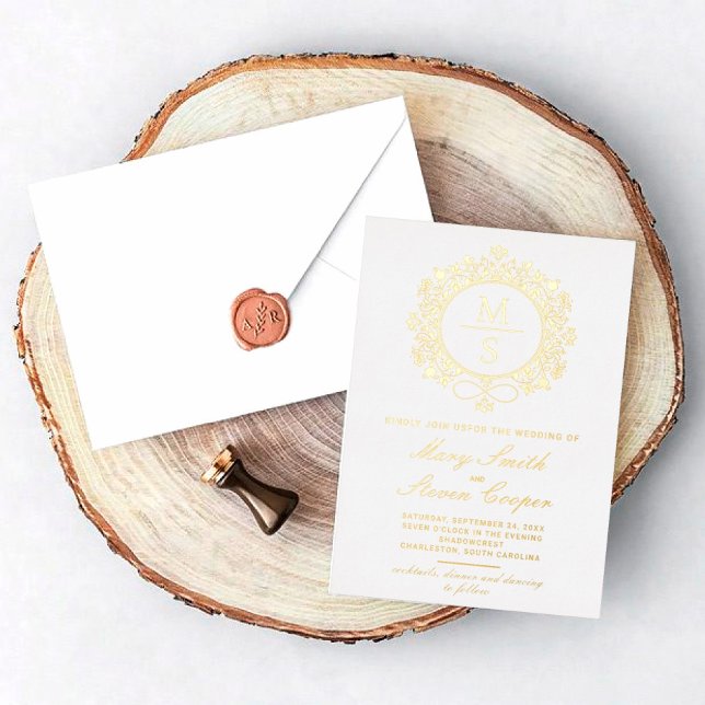 Invitaciones a la boda de monograma dorado (I wish you happiness!)