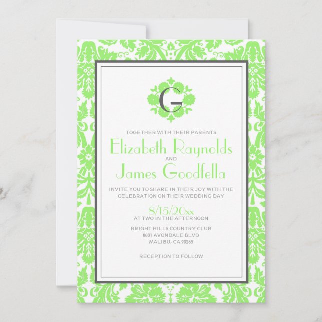 Invitaciones a la boda de monograma verde limón (Anverso)