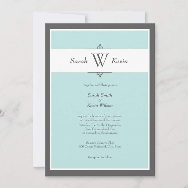 Invitaciones a la boda de monogramas Aqua y Grey (Anverso)