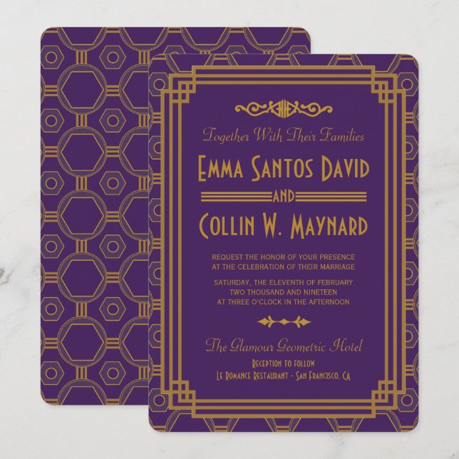 Invitaciones a la boda de morado Art Deco (Anverso / Reverso)