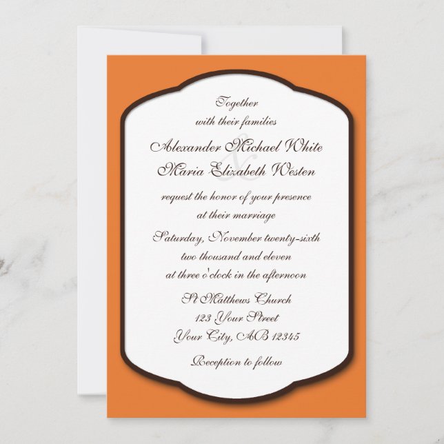 Invitaciones a la boda de naranja marrón y blanco (Anverso)