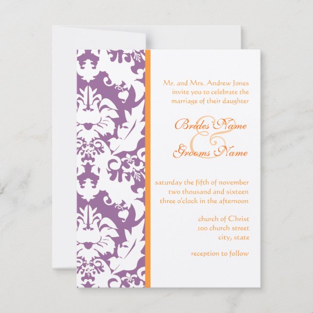 Invitaciones a la boda de naranja y Plum Damask (Anverso)