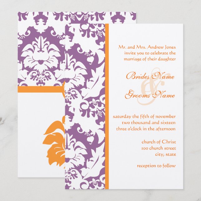 Invitaciones a la boda de naranja y Plum Damask (Anverso / Reverso)