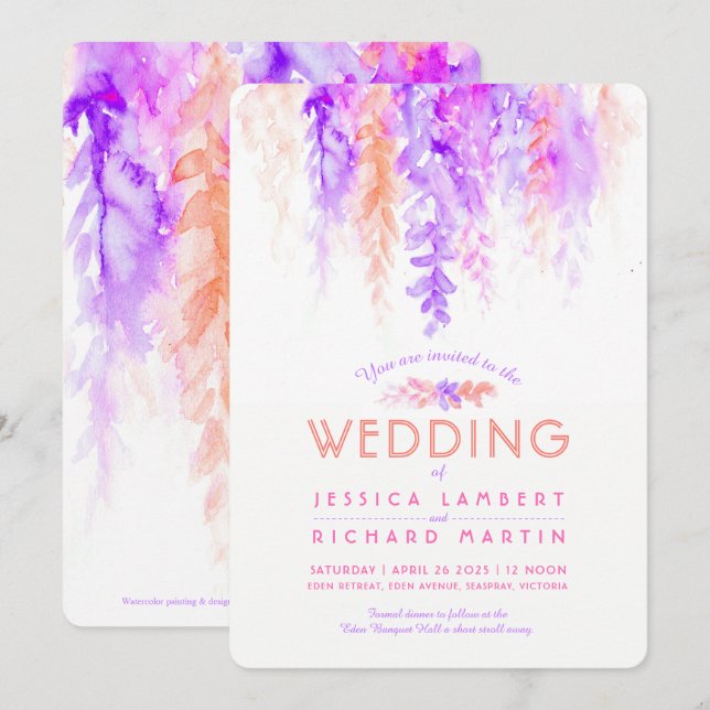 Invitaciones a la boda de naranjas púrpura de la v (Anverso / Reverso)
