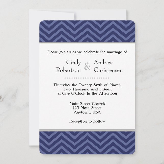 Invitaciones a la boda de Navy Blue Chevron (Anverso)