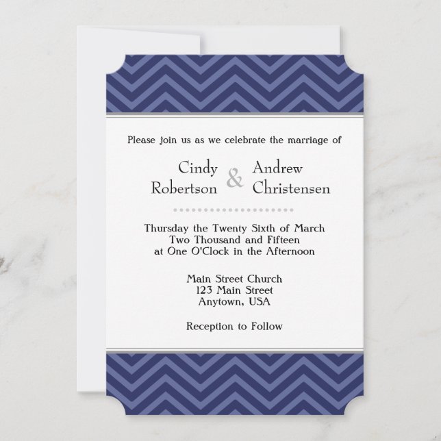 Invitaciones a la boda de Navy Blue Chevron (Anverso)