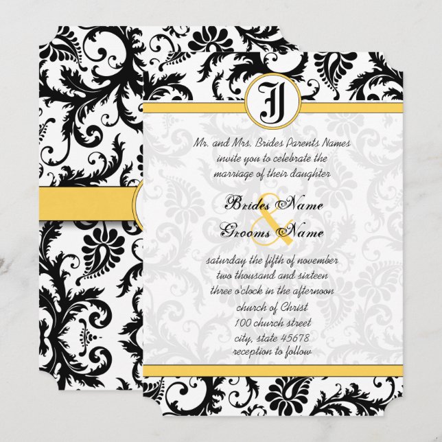 Invitaciones a la boda de negras y damascos amaril (Anverso / Reverso)