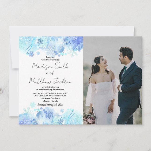 Invitaciones a la Boda de Nieve Azul con foto (Anverso)