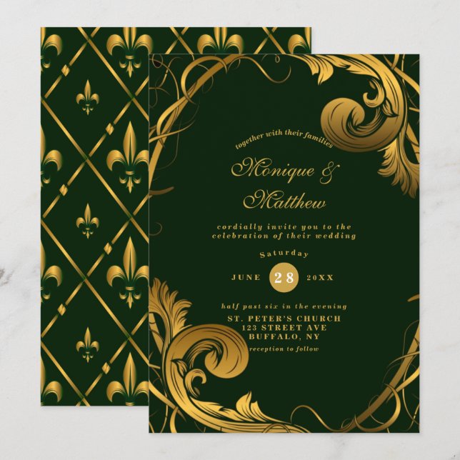 Invitaciones a la boda de ornamentos de oro verde  (Anverso / Reverso)
