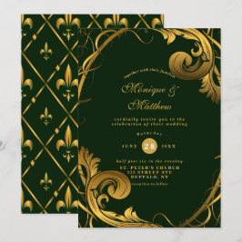 Invitaciones a la boda de ornamentos de oro verde 