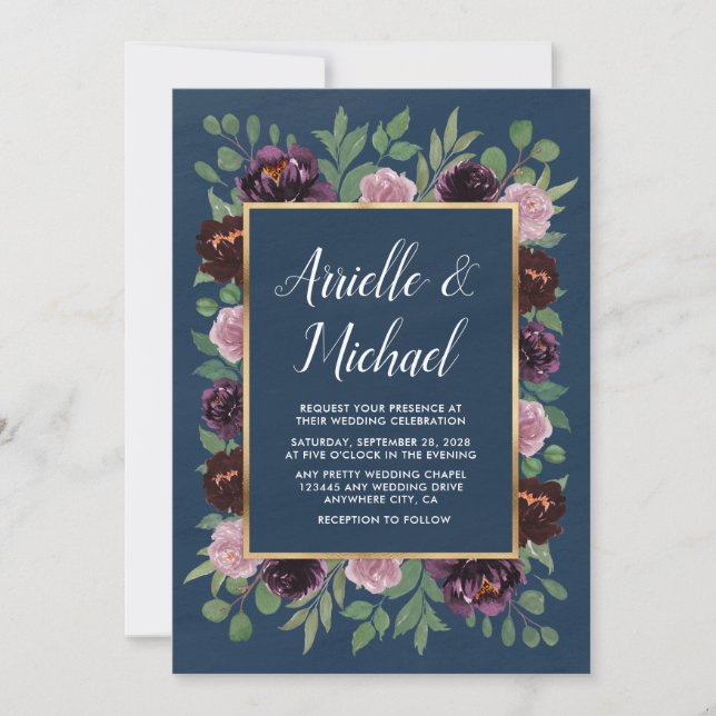 Invitaciones a la Boda de Oro Azul de Mauve y Mari (Anverso)