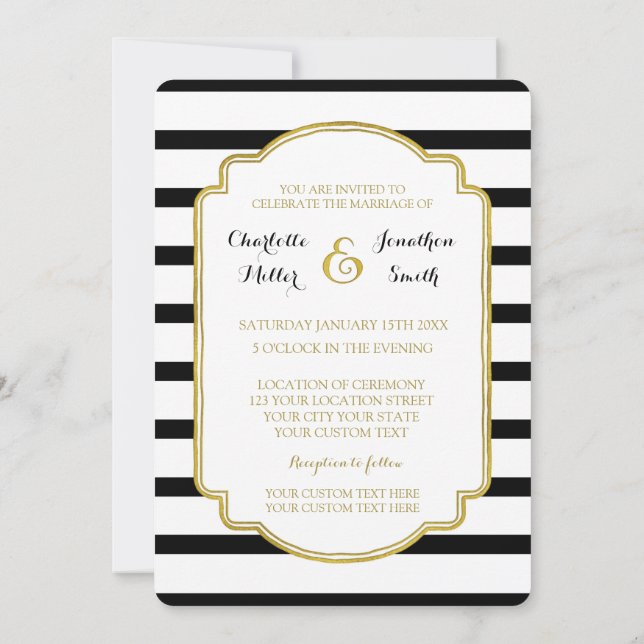Invitaciones a la boda de oro de franjas blancas n (Reverso)