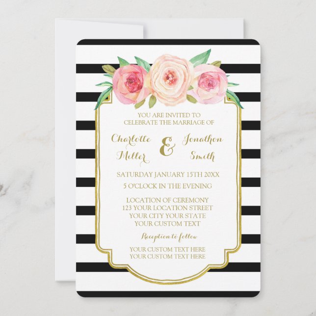 Invitaciones a la boda de oro de franjas blancas r (Reverso)