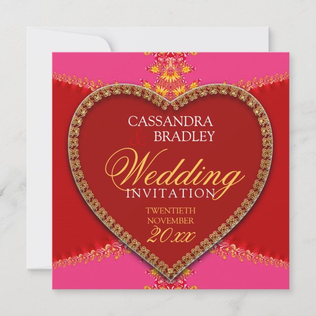 Invitaciones a la boda de oro del corazón rojo ros (Anverso)