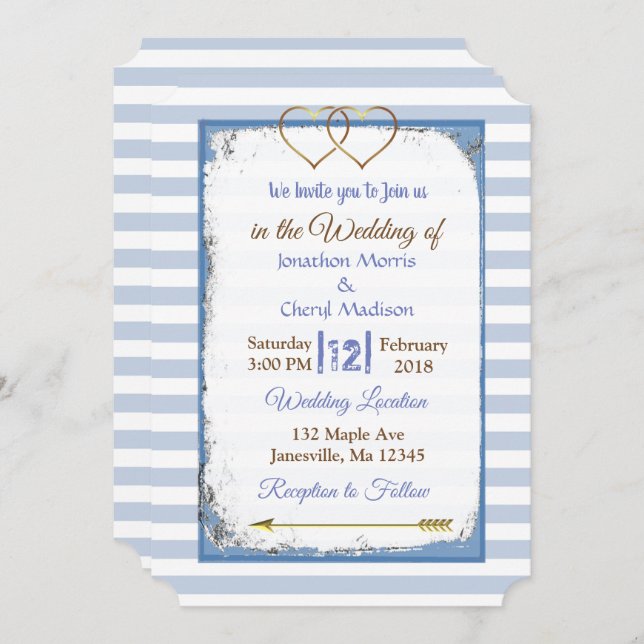 Invitaciones a la Boda de Oro en franjas azules y  (Anverso / Reverso)