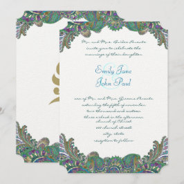 Invitaciones a la boda de oro Paisley Peacock Colo