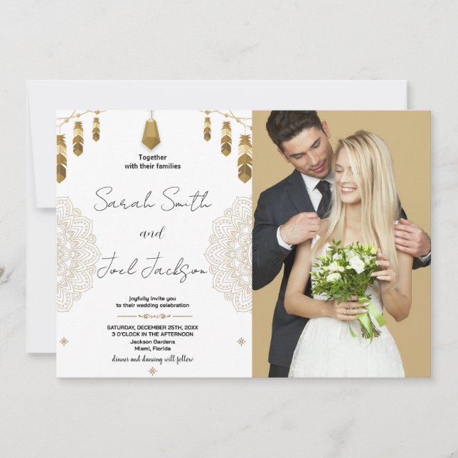 Invitaciones a la boda de oro y arte con foto (Anverso)