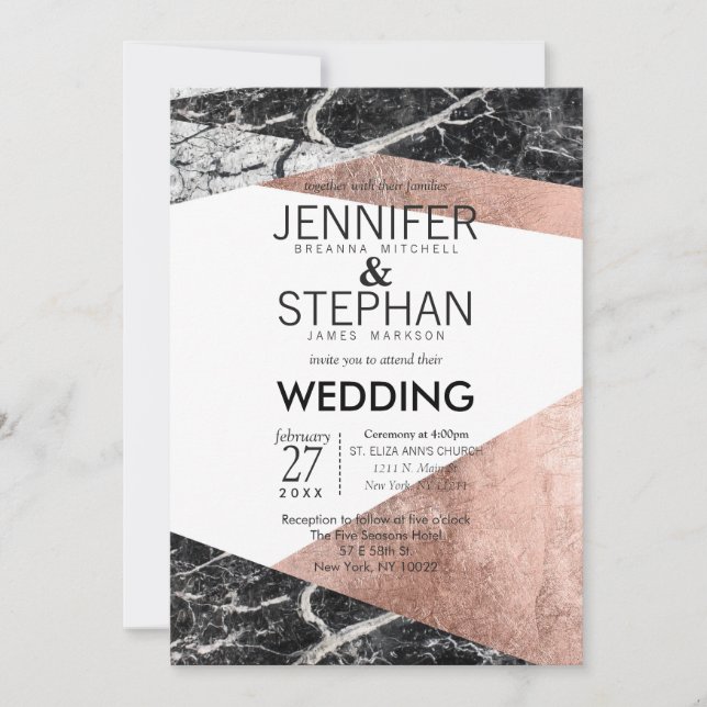 Invitaciones a la boda de oro y mármol Rosa modern (Anverso)