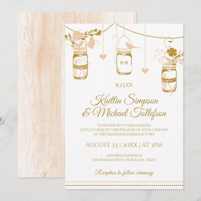 Invitaciones a la boda de oro y mate Mason Jar | M (Anverso / Reverso)