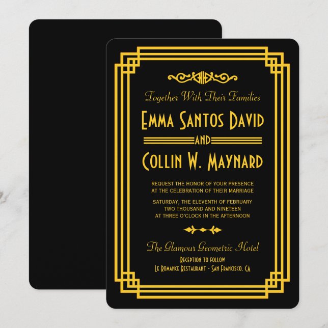 Invitaciones a la boda de oro y negro en el Art De (Anverso / Reverso)