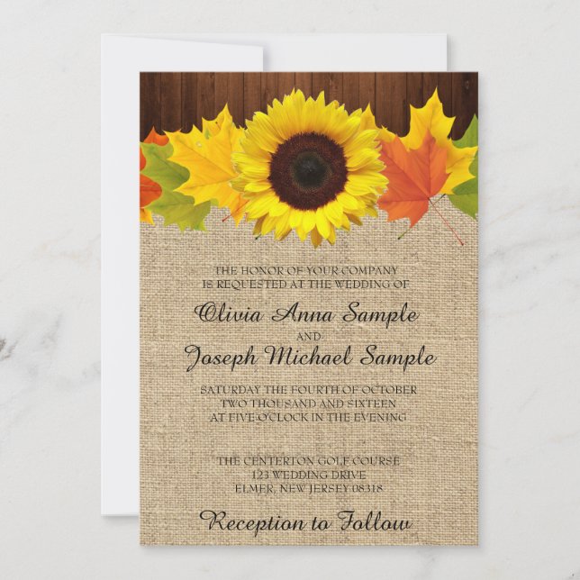 Invitaciones a la boda de otoño con girasol y hoja (Anverso)