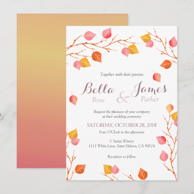 Invitaciones a la boda de otoño de Amber Sky Leafs (Anverso / Reverso)