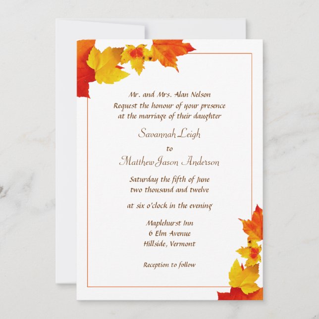 Invitaciones a la boda de otoño de borde hoja (Anverso)