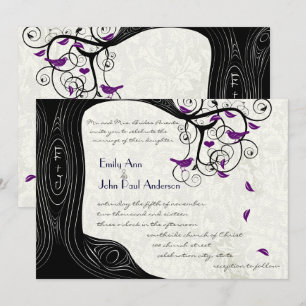 Invitaciones a la boda de pájaros morados de árbol