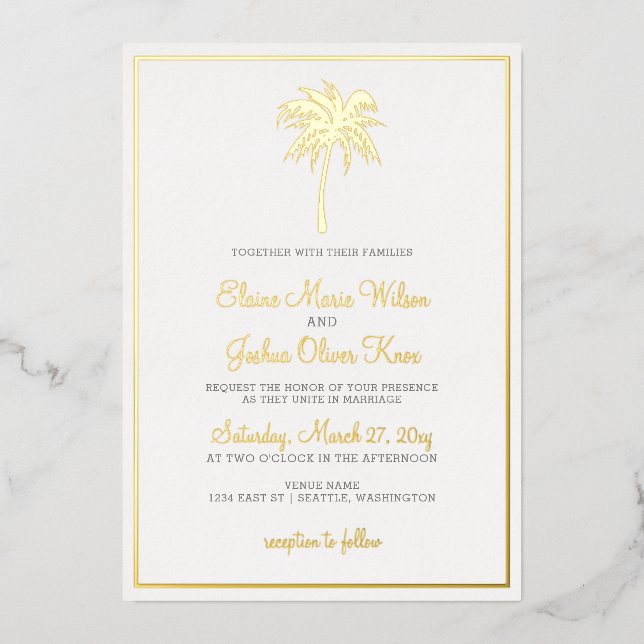 Invitaciones a la boda de Palm Tree Tropical Gold (Anverso)