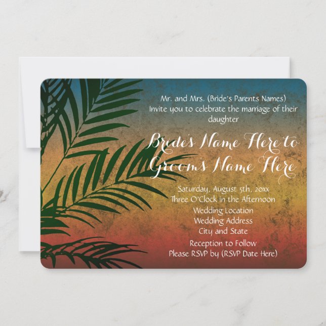 Invitaciones a la boda de palmas en la playa tropi (Anverso)
