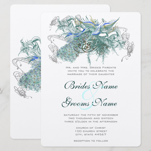 Invitaciones a la boda de pavo real (Anverso / Reverso)