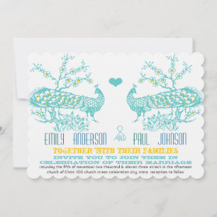 Invitaciones a la boda de pavo real amarillo Aqua 