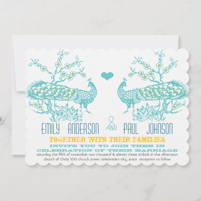 Invitaciones a la boda de pavo real amarillo Aqua  (Anverso)