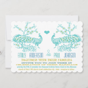 Invitaciones a la boda de pavo real amarillo Aqua 