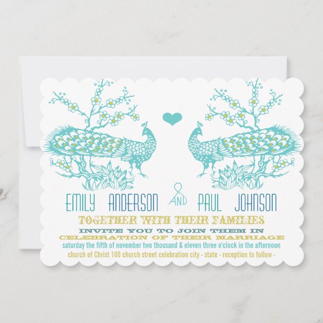 Invitaciones a la boda de pavo real amarillo Aqua  (Anverso)