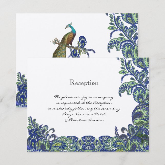 Invitaciones a la boda de pavo real azul y verde (Anverso / Reverso)