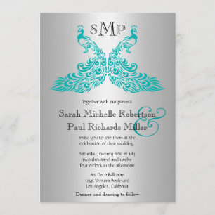 Invitaciones a la boda de pavo real plateado y Ver