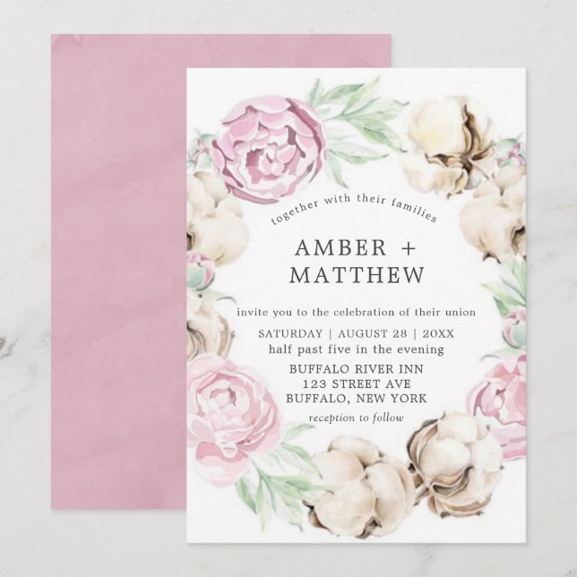 Invitaciones a la boda de peones rosados y algodón (Anverso / Reverso)